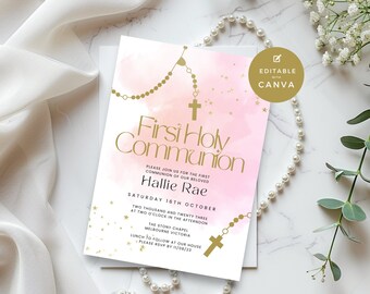 Editable Holy Communion Invitation Card Template, Pink, Gold Watercolor with Cross, First Communion Invite, Girl, Printed, for Twins, PRC01