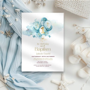 Baptism And First Birthday Invitation Boy, 1st Birthday Invite, Blue Balloons & Gold Cross, Religious Digital Text or Email Evite, Printable