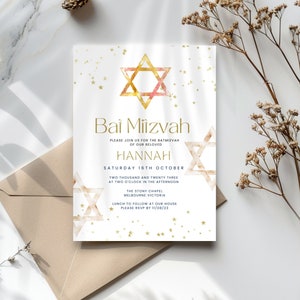 Bat Mitzvah Invitation Template for Girl, Star of David, Jewish Digital Party Invite, Text or Email, Personalised, Printable & Editable
