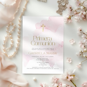 First Holy Communion Invitation Spanish, Girls  Pink Primera Comunion Invite, Invitacion Imprimible, 1st Communion Evite with Gold Rosary