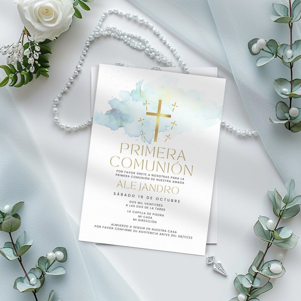 First Holy Communion Invitation Spanish, Boys Primera Comunion Invite, Invitacion Imprimible, Religious Catholic Invite, 1st Communion Evite