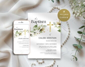 Baptism Invitation Boy Catholic, Modern Minimalist Gender Neutral Invite, Editable  & Printable, Boy or Girl, Digital Text or Email Evite