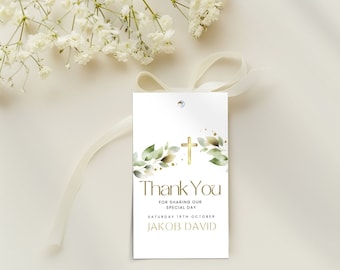 Baptism Favors Tags Greenery, Editable and Printable, Christening, Holy Communion, Confirmation Thank You tags, Gender Neutral, Girl or Boy