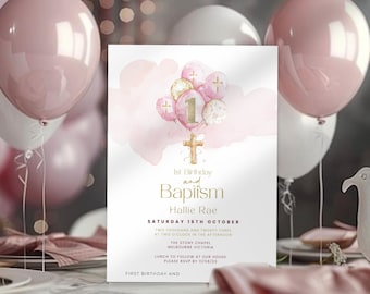 Baptism and 1st Birthday Invitation Girl, 1st Birthday Invite, Pink Balloon & Gold Cross, Religious Digital Text or Email Evite, Printable