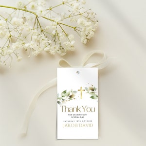 Baptism Favors Tags Greenery, Editable and Printable, Christening, Holy Communion, Confirmation Thank You tags, Gender Neutral, Girl or Boy