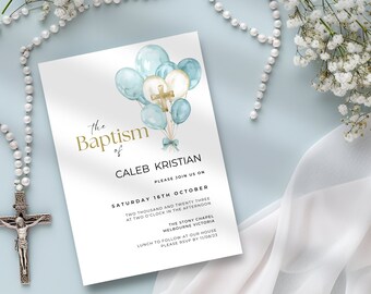 Baptism and 1st Birthday Invitation, First Birthday Invite, Blue Balloons & Gold Cross, Religious Digital Text or Email, Printable, Editable