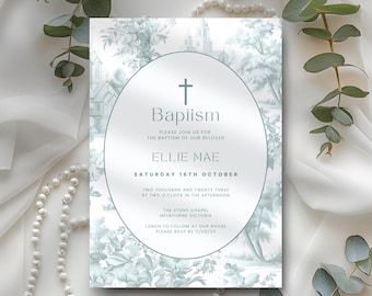 Baptism Invitation Sage Green, Toile de Jouy, Vintage Floral Greenery Christening E-Invite, Digital & Electronic, Printable, Editable