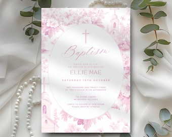 Baptism Invitation Girl, Toile De Jouy, Dusty Pink, Digital & Electronic, Modern Floral Christening E-Invite, Printable and Editable, TB3