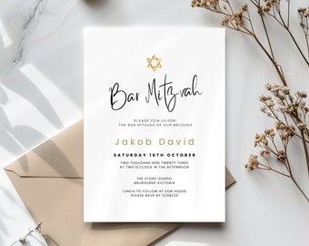Bar Mitzvah Invitation Template, Minimal Star of David Invite, for boy, Printable & Editable, Digital Jewish Evite, Electronic Text or Email