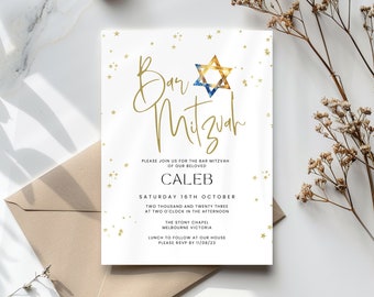Bar Mitzvah Invitation Template, Star of David Invite, for boy, Printable and Editable, Digital Evite for Jewish Celebration, Text or Email,
