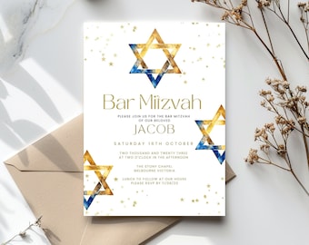 Bar Mitzvah Invitation Template, Star of David Invite, for boy, Printable and Editable, Digital Jewish Evite, Text or Email,