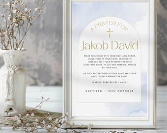 Baptism Prayer Sign, Light Blue Watercolor Decor Sign for Boy, Christening Blessing, Printable & Editable, Digital Personalized Download