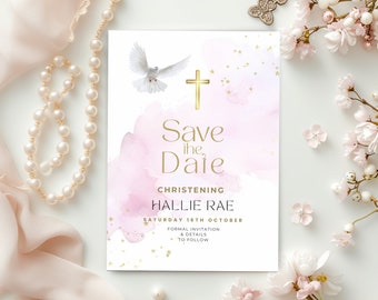 Christening Save the Date Invitation, Baby Girls PINK Dove Invite, Religious Catholic Invite & Gold Cross, Evite, Electronic, Text or Email