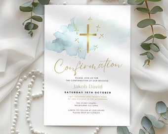 May include: A white invitation card with a blue watercolor background and a gold cross. The text on the card reads "Confirmation", "Please join us for the confirmation of our beloved Jakob David", "Saturday 16th October", "Two thousand and twenty three at two o'clock in the afternoon", "The Stony Chapel Melbourne Victoria", "Lunch to follow at our house", "Please RSVP by 11/08/23".