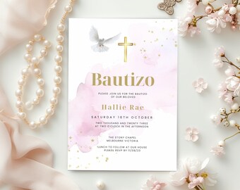 Bautizo Invitations Fiesta, Spanish Girl Rosa Invite, Español Invitación Template, Bautizo Catholic, Digital Evite, Text or Email, Canva