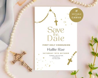 Save the Date First Holy Communion Invitation, Girl or Boy Rosary Invitation, Religious Catholic Invite & Gold Cross, Evite, Text Email