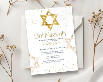 Bat Mitzvah Invitation Template, Girl, Star of David, Jewish Digital Party Invite, Personalised, Printable & Editable, Text or Email,