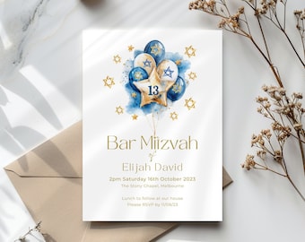 Bar Mitzvah Invitation Template, Star of David with Blue Balloons Invite, for boy, Printable & Editable, Digital Jewish Evite, Text or Email