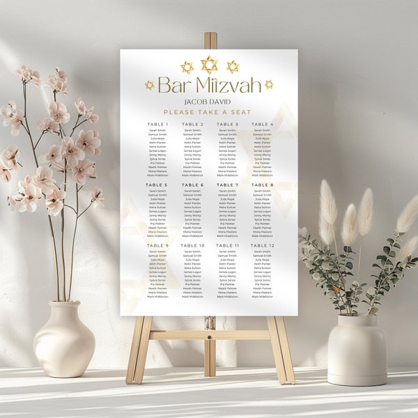 Seating Chart Template for Bat Mitzvah, Bar Mitzvah Table Arrangement, Find Your Seat for Jewish Celebration, Digtial Download, Editable