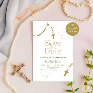 Save the Date First Holy Communion Invitation, Girl or Boy Rosary Invitation, Religious Catholic Invite & Gold Cross, Evite, Text Email