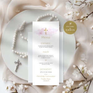 Baptism Menu, Pink Watercolor, First Holy Communion or Confirmation Dinner Template girl, Christening Table Menu, Editable & Printable