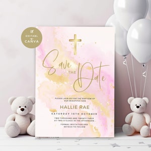 Save The Date Baptism Card, Minimalist, Modern, Pink and Gold, Christening, Printable and Editable, Invite, Invitation, Evite, BGA38