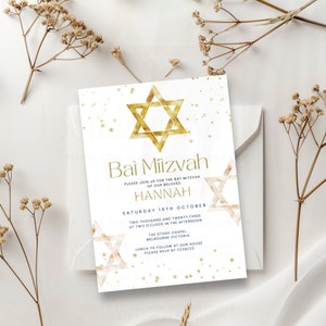 Bat Mitzvah Invitation Template, Girl, Star of David, Jewish Digital Party Invite, Personalised, Printable & Editable, Text or Email,