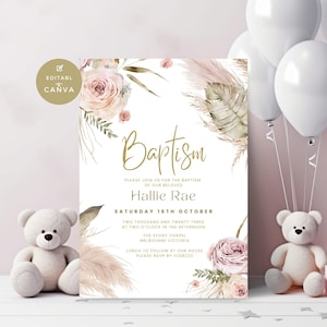 Baptism Invitation Girl, Dusty Pink Pampas Grass Boho Invite, Girls Christening, Printable and Editable, Text, Digital, Canva Template, PG01