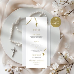 Menu for First Communion, White and Gold Rosary, Baptism or Christening Dinner Template for girls or boys, Confirmation Table Menu, Editable