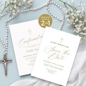 May include: Two white cards with gold lettering. The top card says "Confirmation" with a gold cross and the text "Please join us for the baptism of our beloved Hallie Rae. Saturday 16th [month] Two thousand and [year] at two o'clock in the [church name] Melbourne. Lunch to follow. Please RSVP". The bottom card says "Confirmation Save the Date" with a gold cross and the text "Saturday 16th October Jakob David. Formal invitation & details to follow".