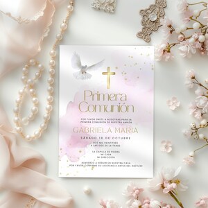 First Holy Communion Invitation Spanish, Girls Primera Comunion Invite, Invitacion Imprimible, 1st Communion Evite with Dove & Gold Cross