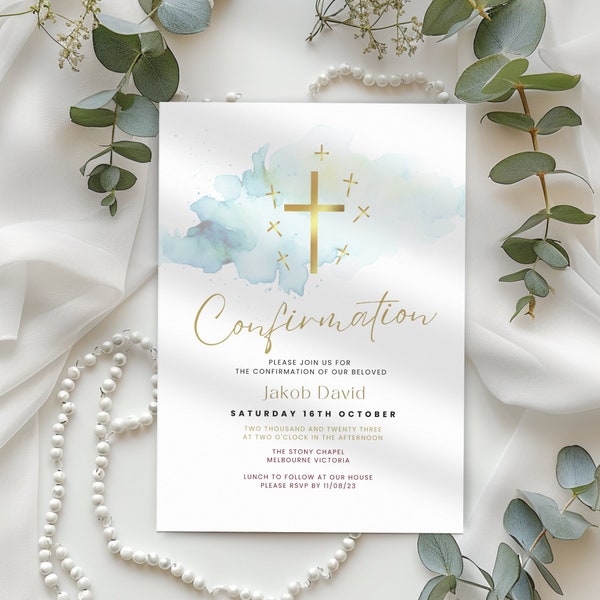 Confirmation Invitation for Boys, Catholic Invite Blue, Editable  & Printable, Modern Religious Male Template, Digital Text or Email Invite