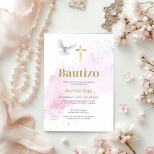 Bautizo Invitations Fiesta, Spanish Girl Rosa Invite, Español Invitación Template, Bautizo Catholic, Digital Evite, Text or Email, Canva