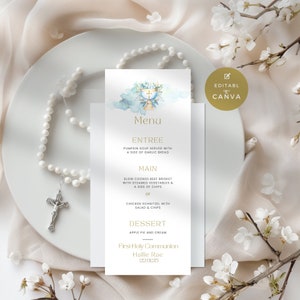 Menu for First Communion, Baptism or Christening Dinner Template for girls or boys, Confirmation Table Menu, Editable, Watercolor & Chalice
