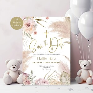 Save The Date Baptism Card, Boho, Pampas Grass Invitation, Pink Floral, with Gold Cross, Holy Communion, Confirmation, Invite, Evite, PG58