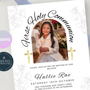 Editable Holy Communion Invitation Card Template,  First Communion Invite with Photo, Simple Floral, Printable, Girl, Boy, Canva, HC01