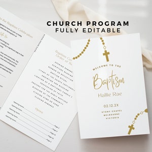 Church Program Baptism, Minimalistic, Christening Program with Gold Cross, Editable and Printable, Canva Template, Religious Ceremony WRB38a