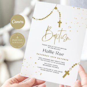 Rosary Baptism Invitation boy or girl, White & Gold, Printable, Invitation with Cross, DIGITAL DOWNLOAD, Christening Invitations, WRB01b