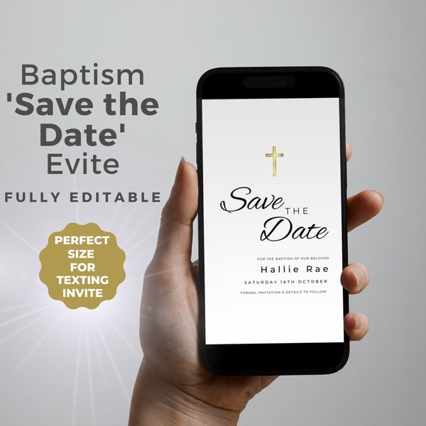 Digital Save The Date Baptism, Minimalist, Modern, Black and White, Electronic Save The Date Invite, Evite, Whatsapp Text Invite, BA16