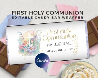 Puede incluir: Envoltorio de barra de caramelo editable con un diseño floral de acuarela con una cruz y purpurina dorada. El texto dice "First Holy Communion", "Hallie Rae", "Melbourne 11.11.XX" y "Canva".