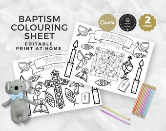 Baptism Coloring Sheet, Printable and Personalized Kids Activity Placemat, Activites Page, Christening Activities, Instant, Digital Download