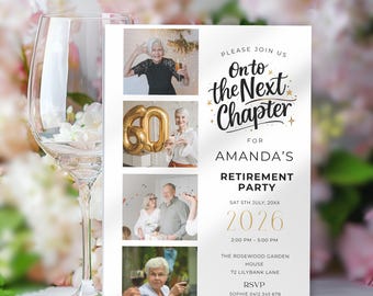 Retirement Party Invitation with Photos, Modern Minimal Black and White Next Chapter Invite, Editable Digital Electronic Template