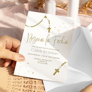 Reserva La Fecha Bautizo, Boy, Girl,  Save The Date Baptism Card, Baptism Invitations In Spanish, Invitacion De Bautizo, Gold, SP10