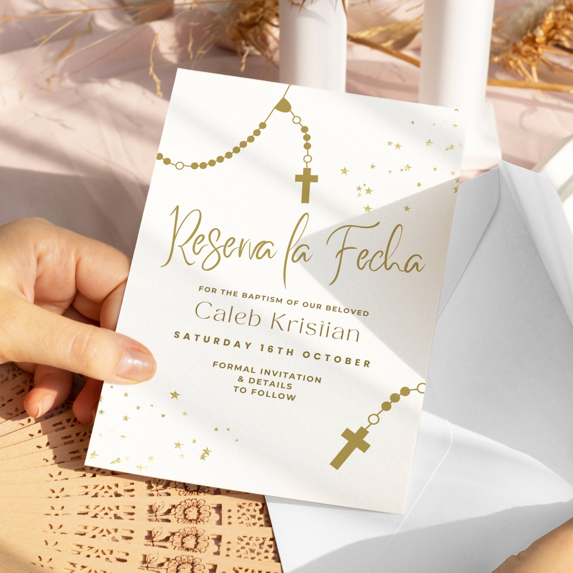 Reserva La Fecha Bautizo, Boy, Girl,  Save The Date Baptism Card, Baptism Invitations In Spanish, Invitacion De Bautizo, Gold, SP10