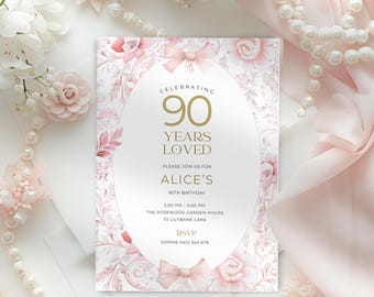 90th Birthday Invitation, 90 Years Loved Invite, Pink and Gold Vintage Floral, Digital Text Template, Customizable, Editable & Printable
