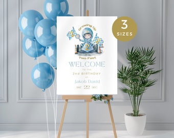 Two Fast Birthday Welcome Sign, Two Fast Two Curious, Second Birthday Racing Car Poster, Boys 2nd Year Around the Track Racing Party,