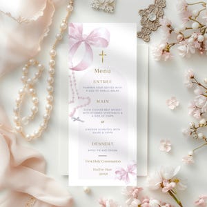 Menu for First Communion, Minimal Baptism or Christening Dinner Template for girls or boys, Confirmation Table Menu, Editable White & Gold