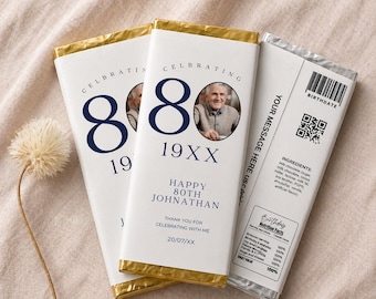 80th Birthday Candy Bar Wrapper, Personalized Chocolate Bar Label with Photo, Printable and Editable Party Favor, Unique Custom Table Favors