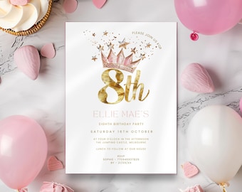 8th Birthday Invitation, Girls Invite with Modern Coquette Pink Bow and tiara, 8 Year Old Party, Editable & Printable, Digital, Phone, Text