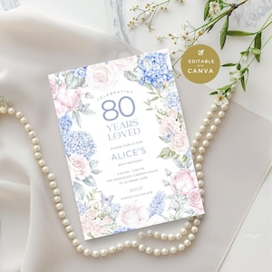80th Birthday Invitation, Pastel Summer Party Invite Adult, Editable Digital Template, Printable Floral Design for Women, Dusty Pink & Blue